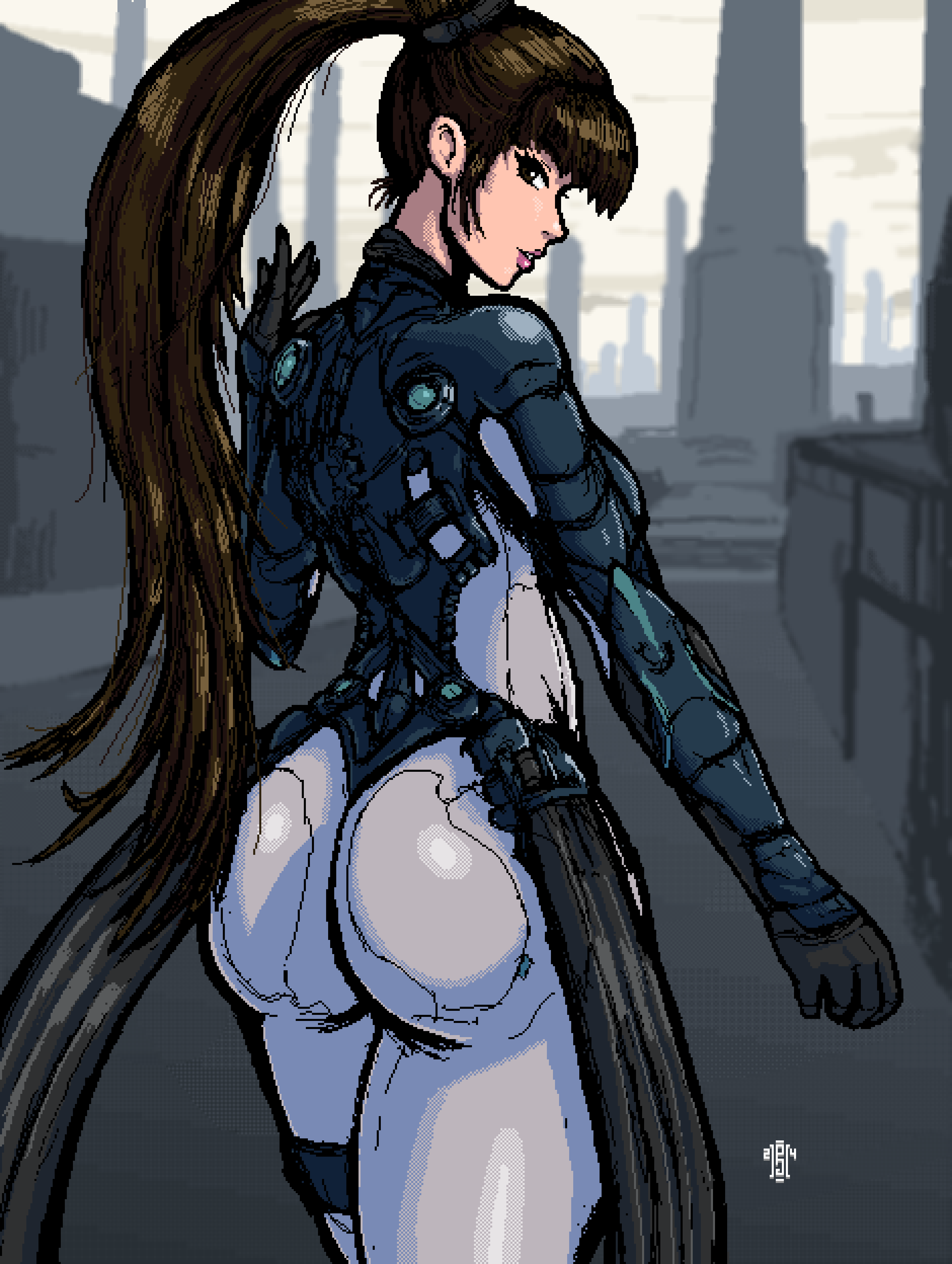 1girl 2024 absurdres arm_up armor artist_logo ass black_gloves bodysuit breasts brown_eyes brown_hair city cityscape clenched_hand collarbone commentary cowboy_shot curvy day elbow_gloves english_commentary eve_(stellar_blade) female_focus from_behind gloves grey_sky hand_up highres huge_ass lips logo long_hair looking_at_viewer looking_back medium_breasts outdoors outstretched_arm paddy_g_(terrybrogard) parted_lips pixel_art ponytail raven_suit_(stellar_blade) sideboob sideways_glance signature sky smile solo standing stellar_blade thick_thighs thigh_strap thighs two-tone_bodysuit very_long_hair white_bodysuit wide_hips
