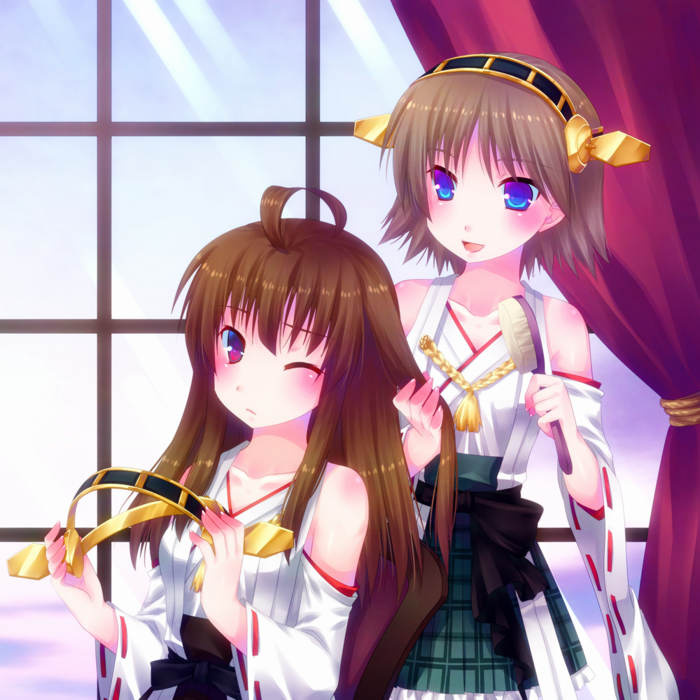 10s 2girls ahoge bad_id bad_pixiv_id blue_eyes brown_hair detached_sleeves door_to_heaven hair_brush brushing_hair hairband unworn_hairband hiei_(kancolle) japanese_clothes kantai_collection kongou_(kancolle) multiple_girls nontraditional_miko one_eye_closed open_mouth purple_eyes siblings sisters wide_sleeves
