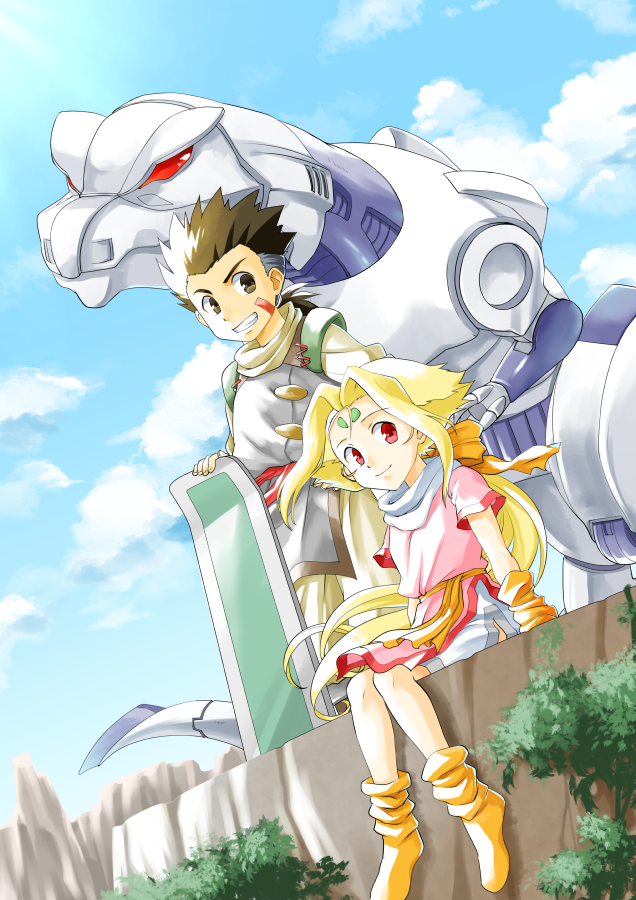 1boy 1girl arm_support blonde_hair blue_sky brown_eyes brown_hair character_request chigayasan closed_mouth fiona_(zoids) grin open_mouth orange_shoes red_eyes shoes short_hair sitting sky smile van_flyheight zoids