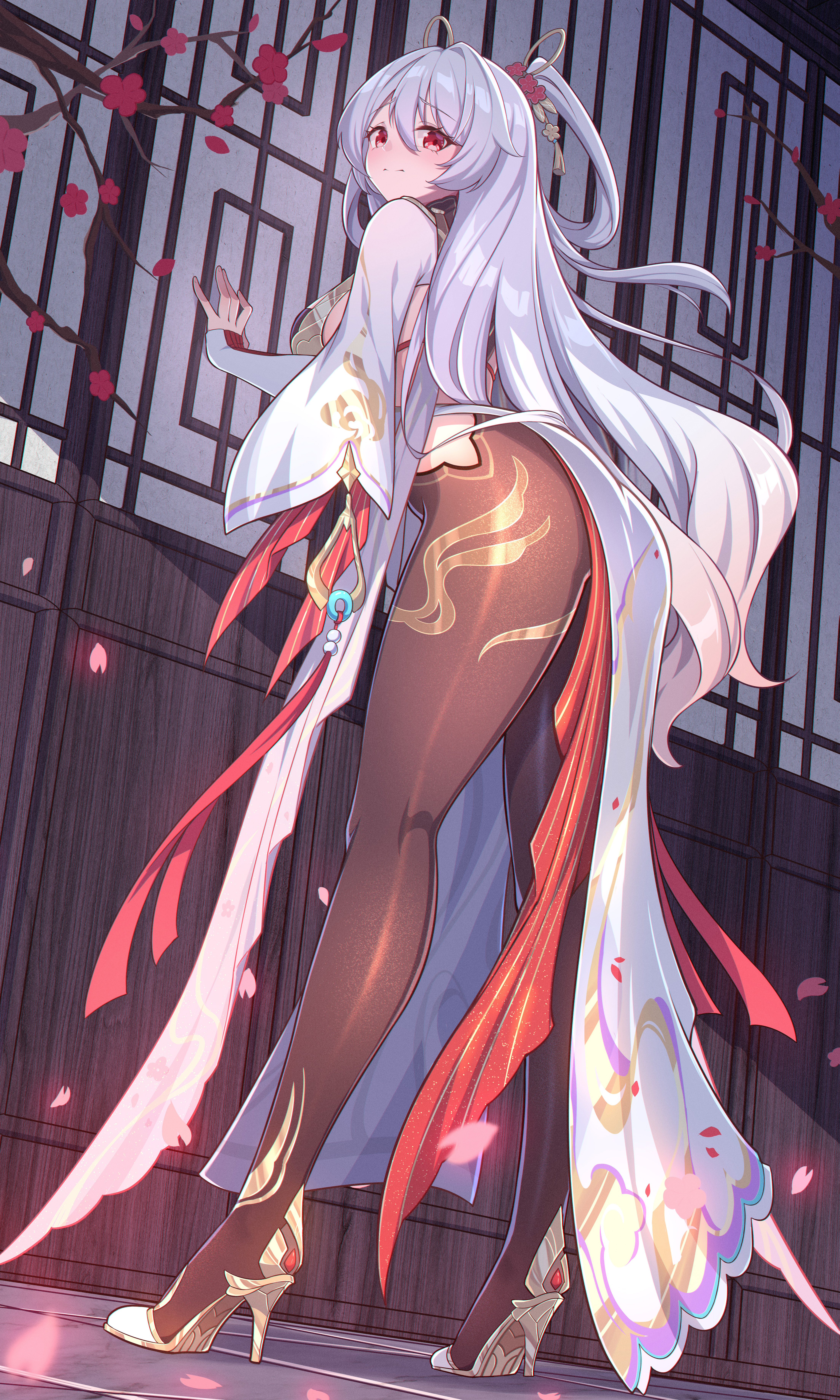 1girl absurdres architecture ass black_pantyhose blush breasts chinese_clothes closed_mouth commentary_request dress east_asian_architecture from_behind hair_between_eyes hair_ornament high_heels highres honkai_(series) honkai_impact_3rd large_breasts legs long_hair long_sleeves looking_at_viewer official_alternate_costume pantyhose phantom_racher red_eyes solo theresa_apocalypse theresa_apocalypse_(luna_kindred) theresa_apocalypse_(lunar_vow:_crimson_love) theresa_apocalypse_(redolent_in_red) thick_thighs thighs very_long_hair white_dress white_hair