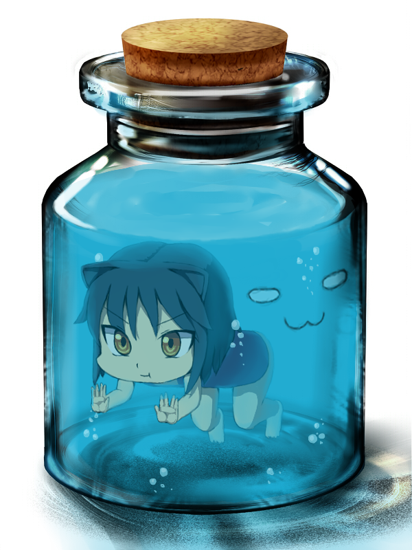 1girl 3d :3 :t animal_ears aq_interactive arcana_heart atlus bad_id bad_pixiv_id black_hair bottle bottle_meme_(pixiv) cat_ears cork daidouji_kira examu female_focus glass hayake hayake_(chenran) in_bottle in_container one-piece_swimsuit short_hair solo swimming swimsuit third-party_edit underwater water what yellow_eyes