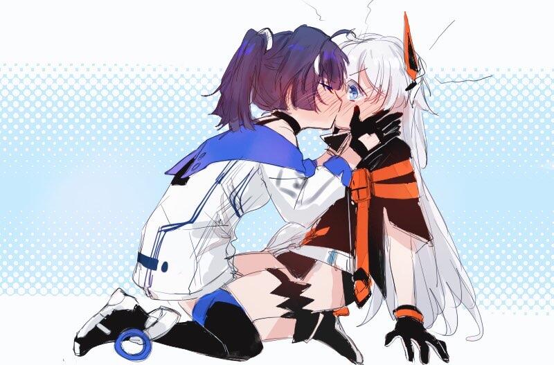 black_gloves blush closed_eyes daikon_daikon gloves hair_ornament honkai_(series) honkai_impact_3rd kiana_kaslana kiss long_hair ponytail purple_hair raiden_mei short_hair simple_background thighhighs yuri