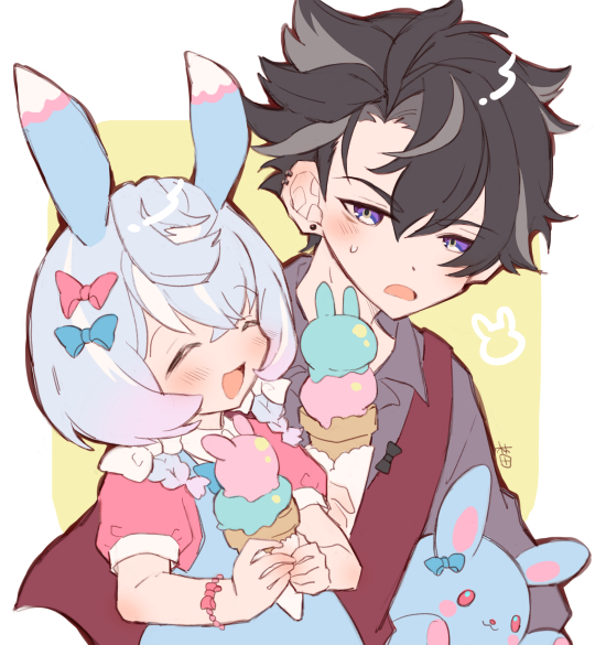 1boy 1girl annoyed antennae black_hair blue_bow blue_dress blue_hair bow braid closed_eyes commentary_request dress genshin_impact gradient_hair grey_hair hair_between_eyes hair_bow hayashidadesu holding holding_ice_cream_cone holding_stuffed_toy ice_cream_cone looking_at_another multicolored_hair open_mouth pink_dress pink_hair purple_eyes red_bow red_vest short_hair short_sleeves sigewinne_(genshin_impact) simple_background smile stuffed_animal stuffed_rabbit stuffed_toy twin_braids vest white_background wriothesley_(genshin_impact) yellow_background