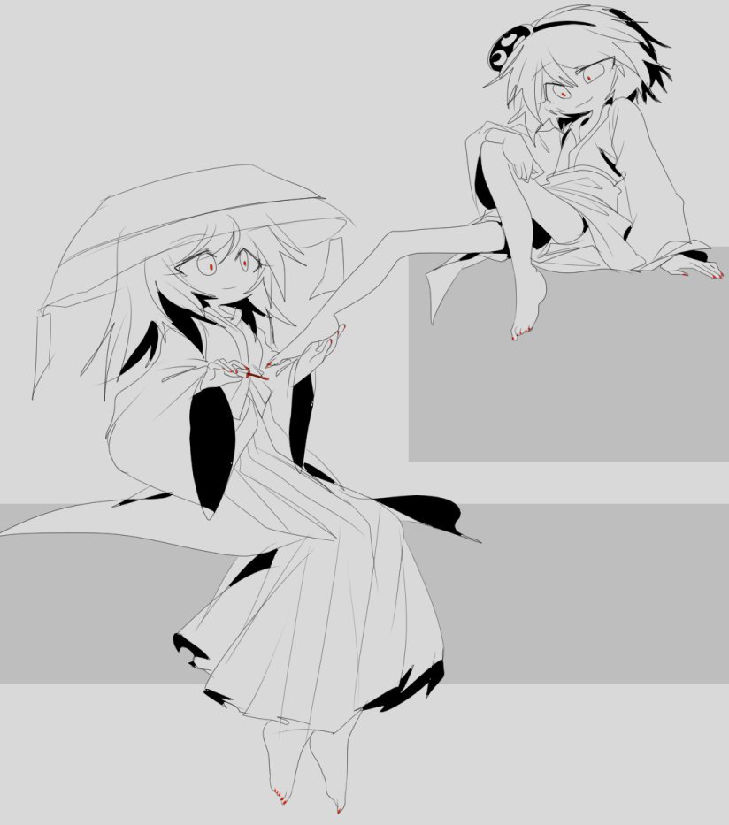 1girl 1other ajirogasa applying_pedicure barefoot breasts chinese_commentary closed_mouth commentary_request genderswap genderswap_(otf) greyscale hakama hakama_skirt hat japanese_clothes kimono len&#039;en ling_s long_sleeves monochrome nail_polish no_nose painting_nails painting_toenails shirami_souko short_hair short_kimono sitting sketch skirt small_breasts smile spot_color terumi_(len&#039;en) toenail_polish toenails wide_sleeves