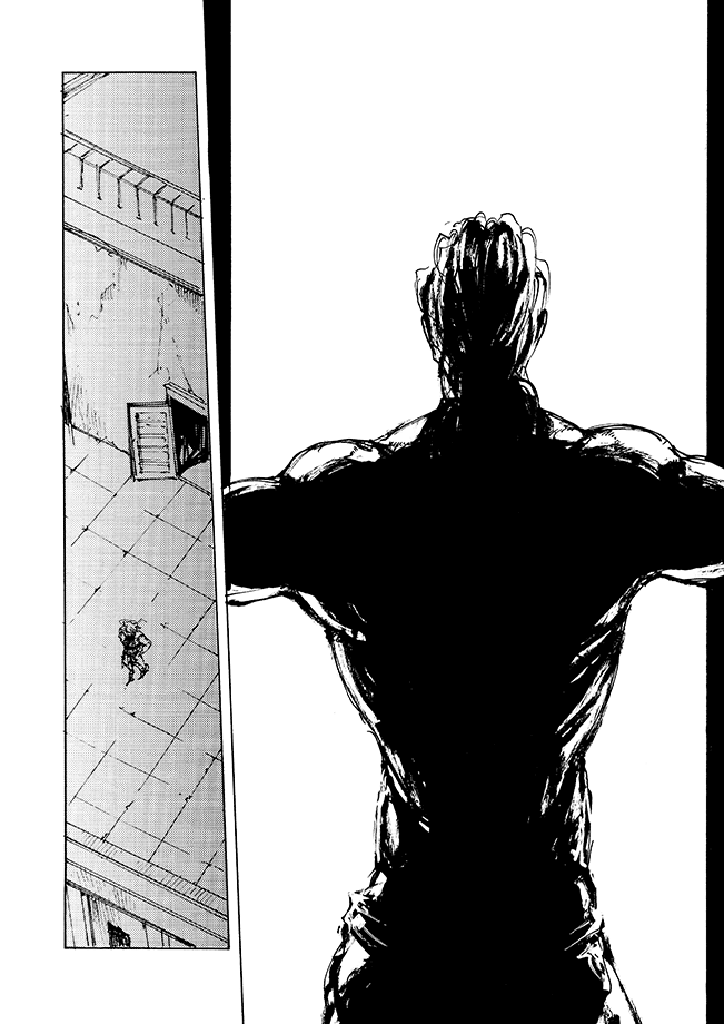backlighting comic dio_brando from_behind greyscale jojo_no_kimyou_na_bouken merumeru626 monochrome outdoors outstretched_arms screentones silent_comic silhouette stardust_crusaders