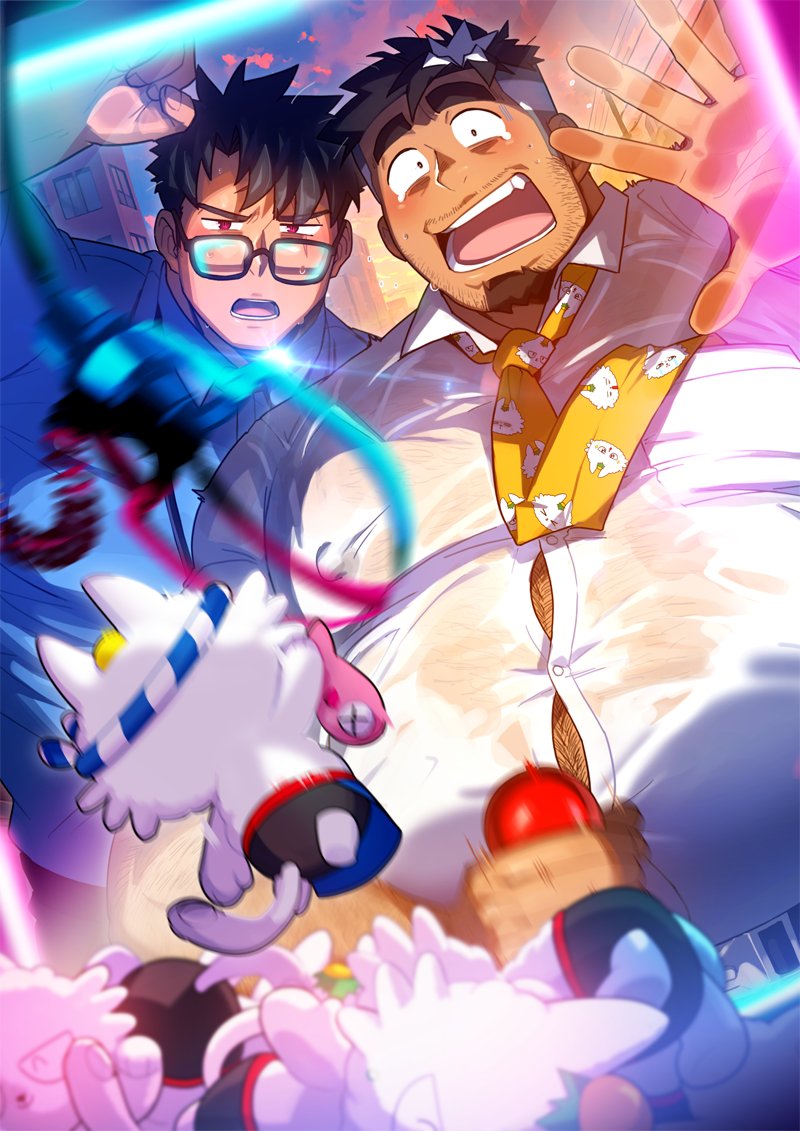 2boys absol_(dkqthf) bara big_belly blush body_hair character_request collared_shirt covered_erect_nipples crane_game facial_hair fang frown glasses large_pectorals live_a_hero male_focus multiple_boys muscular muscular_male necktie open_mouth orange_necktie pectorals red_eyes saotome_(live_a_hero) see-through_clothes see-through_shirt shirt stubble stuffed_animal stuffed_toy tight_clothes tight_shirt wet wet_clothes wet_shirt wide-eyed