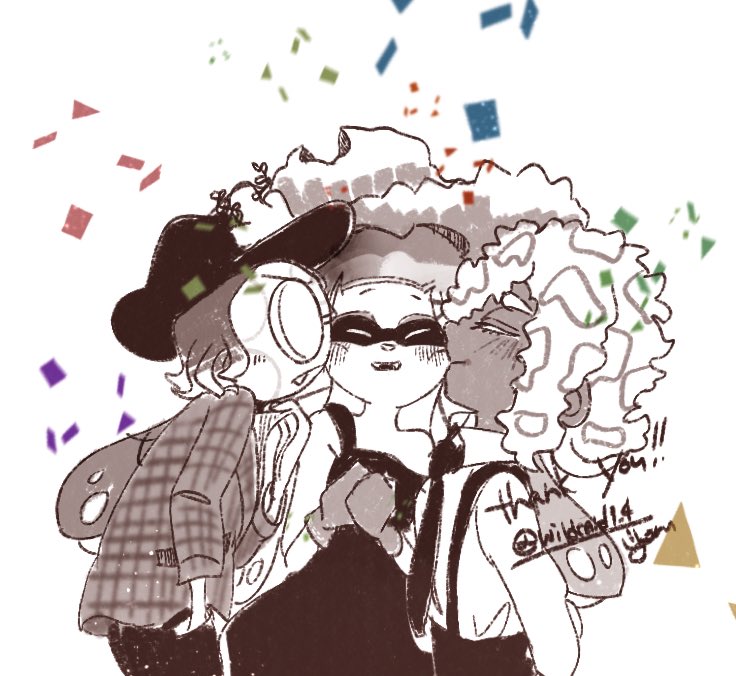 3girls black_dress black_pants blush cheek_kiss confetti dark-skinned_female dark_skin double_cheek_kiss dress fang gloves grey_gloves greyscale kiss kissing_cheek long_hair long_sleeves monochrome multiple_girls nintendo pants patterned_hair plaid_clothes plaid_shirt shirt splatoon_(series) splatoon_3 suspenders tao_blu tentacle_hair thank_you tosh_(splatoon) twitter_username upper_body white_shirt wildcard1_4 yoko_(splatoon) yuri