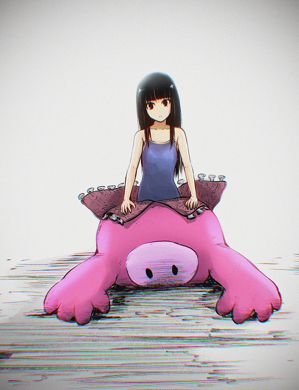1girl black_hair blue_one-piece_swimsuit commentary_request cosplay fall_guy fall_guys gleipnir_(series) grey_background h2_(h20000000) kigurumi long_hair mascot_costume old_school_swimsuit one-piece_swimsuit original school_swimsuit simple_background solo swimsuit