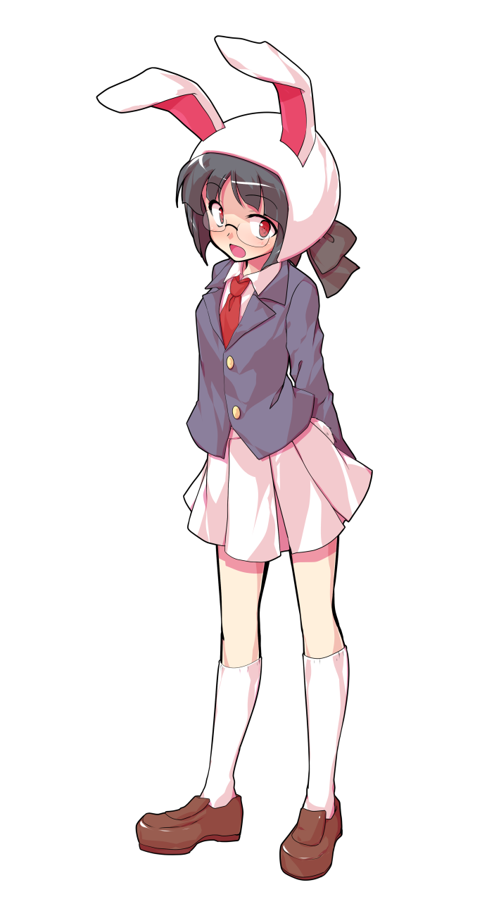 1girl animal_ears arms_behind_back black_hair black_jacket blunt_bangs blush brown_shoes collared_shirt commentary_request dairi ears_through_hood full_body glasses highres hood hood_up jacket kneehighs large_variant_set loafers long_sleeves looking_at_viewer moon_rabbit_extra_(touhou) necktie open_mouth pleated_skirt rabbit_ears red_eyes red_necktie shirt shoes short_hair skirt socks solo standing surprised tachi-e touhou transparent_background variant_set white_shirt white_skirt white_socks