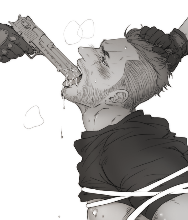 3boys abs blush call_of_duty drooling gun soap_(modern_warfare_2) male_focus multiple_boys muscular pectorals restrained saliva sweat undressing weapon yaoi