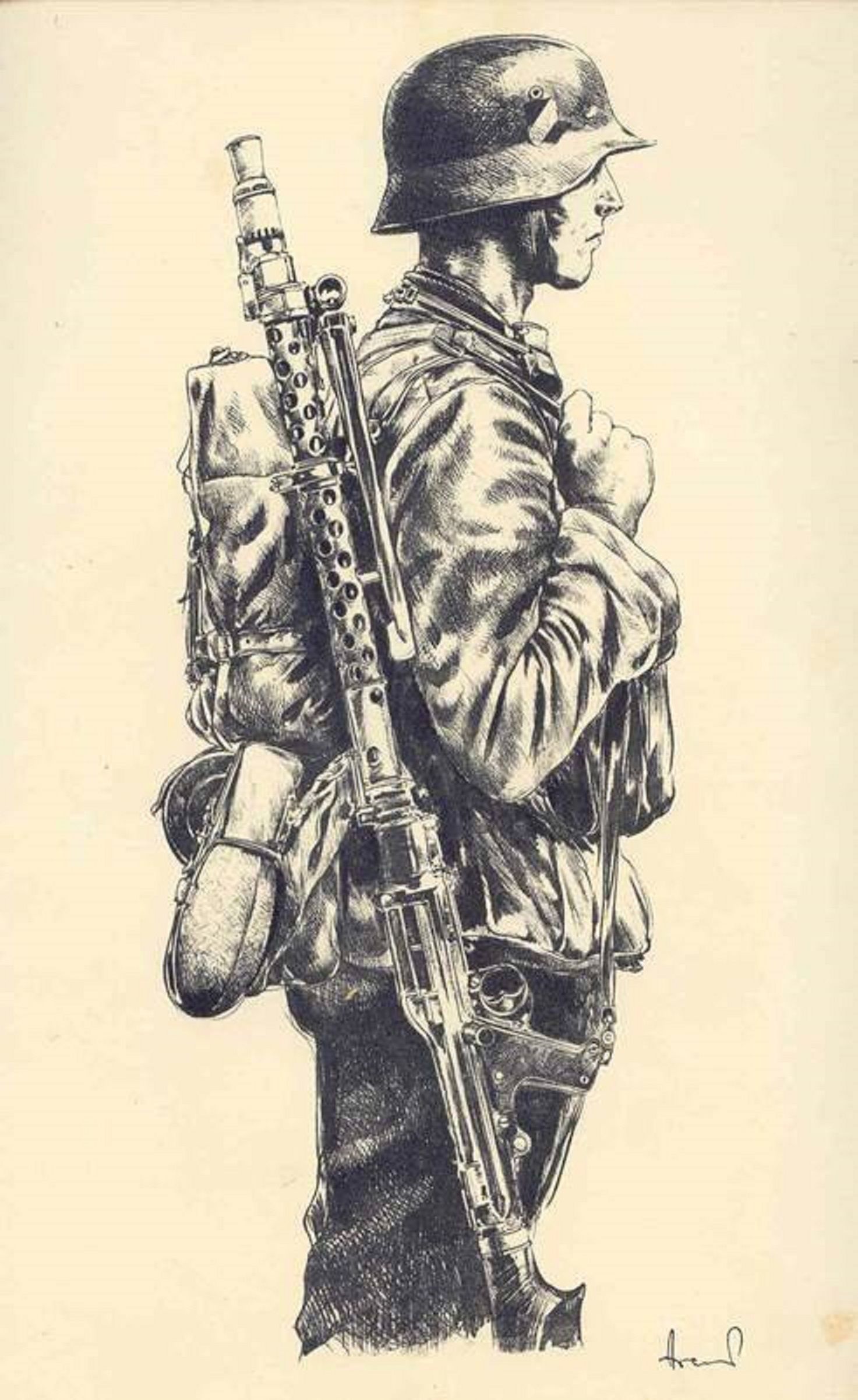 1boy absurdres artbook backpack bag barrel_shroud bipod charcoal_(medium) closed_mouth combat_helmet cowboy_shot cropped_legs facing_to_the_side from_side greyscale gun gun_sling hand_on_own_chest hatching_(texture) helmet highres josef_arens load_bearing_equipment long_sleeves machine_gun male_focus mg34 military military_uniform monochrome nose original paper_texture profile realistic scan shirt signature simple_background soldier solo stahlhelm third-party_source traditional_media weapon weapon_on_back wehrmacht world_war_ii