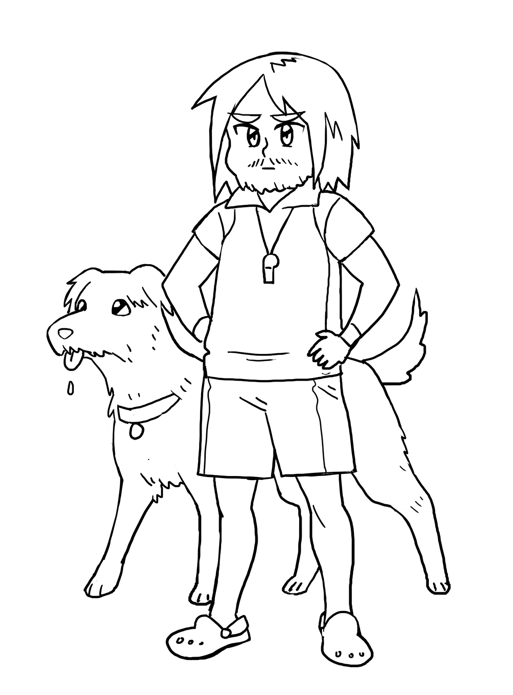 1boy alternate_costume chibi collar darkest_dungeon dog facial_hair greyscale hands_on_own_hips highres houndmaster_(darkest_dungeon) monochrome polo_shirt sandals short_hair shorts thick_eyebrows varamill whistle wristband