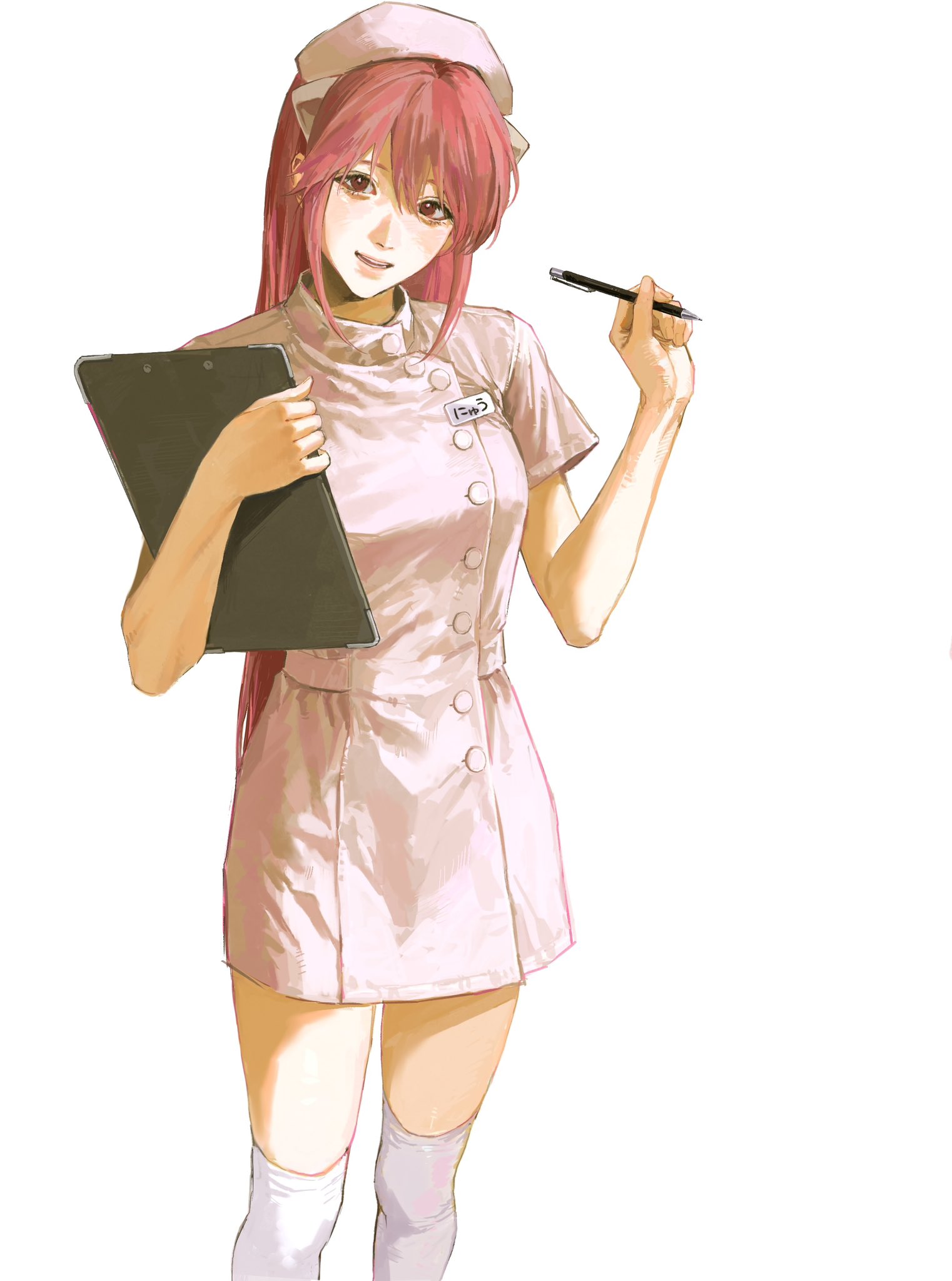 1girl character_name clipboard commentary elfen_lied hat highres holding holding_clipboard holding_pen horns long_hair looking_at_viewer lucy_(elfen_lied) nk_6fal nurse nurse_cap nyuu over-kneehighs parted_lips pen pink_hair red_eyes short_sleeves simple_background solo thighhighs very_long_hair white_background white_hat white_thighhighs