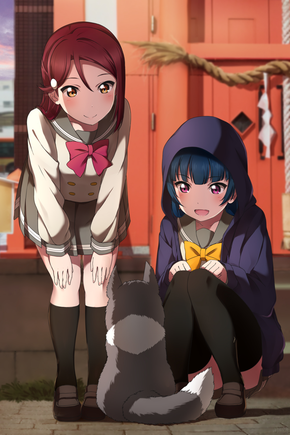 2girls :d animal anko_(love_live!) black_footwear black_socks blue_hair blurry blurry_background bow bowtie brown_eyes buttons clenched_hands dog double-breasted hair_ornament hairclip half_updo hands_on_own_knees highres hood hood_up hooded_jacket jacket kneehighs knees_together_feet_apart leaning_forward legs_together loafers long_hair long_sleeves love_live! love_live!_sunshine!! multiple_girls open_mouth pleated_skirt purple_eyes purple_jacket red_hair red_neckwear sakurauchi_riko school_uniform serafuku shiimai shoes skirt smile socks squatting thighhighs tsushima_yoshiko yellow_neckwear