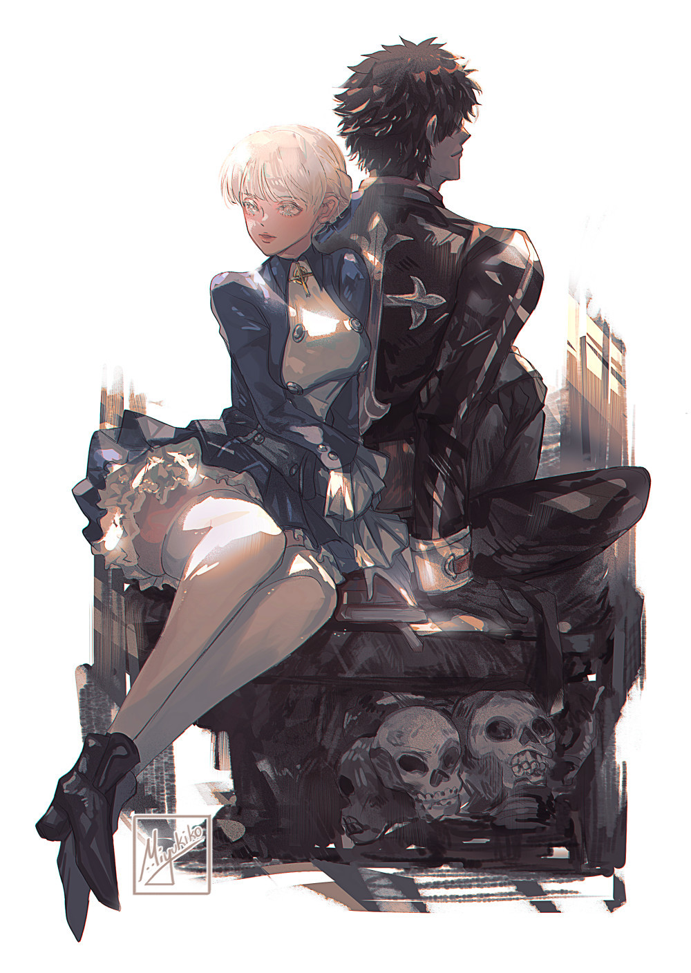 1boy 1girl alice_elliot bow brown_hair buttons closed_mouth commentary dress full_body gloves hair_bow highres lips long_sleeves miyukiko shadow_hearts short_hair skirt thighhighs white_hair white_thighhighs yuri_hyuga