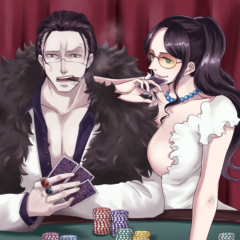 1boy 1girl breasts card cigar cleavage coat commentary_request crocodile_(one_piece) dress fur_coat hair_slicked_back holding holding_card jewelry large_breasts looking_at_another necklace nico_robin one_piece one_piece_film:_gold pearl_necklace poker_chip poker_table ponytail short_sleeves sitting smile smoking stitched_face stitches sunglasses table white_dress yuri_kohi