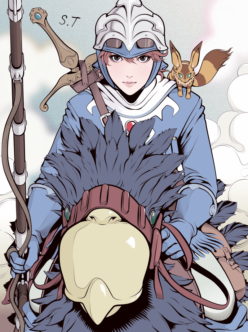 1girl animal animal_on_shoulder bird blue_footwear blue_gloves blue_jacket brown_hair gloves gun holding holding_gun holding_weapon jacket kaze_no_tani_no_nausicaa looking_at_viewer nausicaa pants signature sword takanashi_shin teto_(nausicaa) weapon white_pants