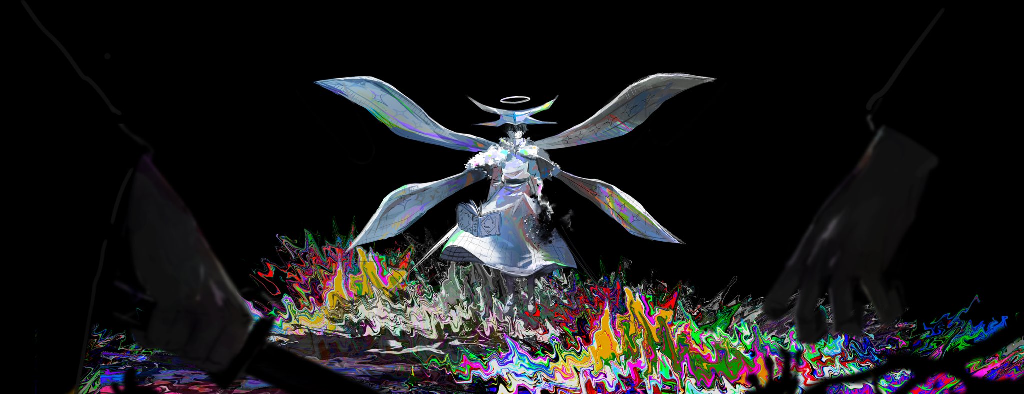 1boy ^_^ black_background black_clover black_hair book capelet closed_eyes dark demon_boy fallen_angel floating floating_book floating_object fur-trimmed_capelet fur_trim grimoire halo highres holding holding_sword holding_weapon holographic_clothing horns male_focus morgen_faust multiple_horns multiple_wings nacht_faust open_book out_of_frame poonwip pov psychedelic robe smile solo_focus sword umbrakinesis weapon white_capelet white_robe wings yami_ichika