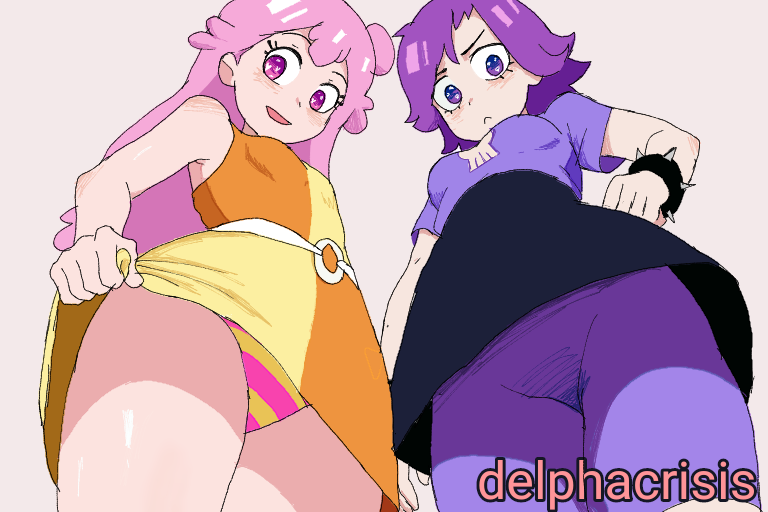 2girls ami_onuki belt bike_shorts black_skirt blush bracelet braid breasts cartoon_network delpha_crisis dress from_below hair_bun heart heart-shaped_pupils hi_hi_puffy_amiyumi jewelry long_hair looking_at_viewer looking_down multiple_girls open_mouth orange_dress panties pink_eyes pink_hair print_shirt purple_eyes purple_hair purple_shirt purple_shorts shirt short_hair short_sleeves shorts skirt skull_print sleeveless sleeveless_dress small_breasts smile spiked_bracelet spikes standing striped_clothes striped_panties symbol-shaped_pupils twin_braids underwear upskirt white_background white_belt yellow_panties yumi_yoshimura