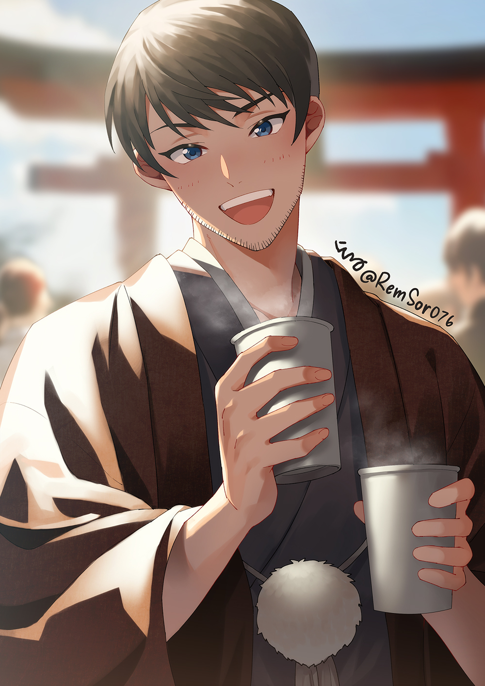 1boy black_hair blue_eyes blue_kimono blurry blurry_background brown_haori crowd cup disposable_coffee_cup disposable_cup facial_hair haori haori_himo highres holding holding_cup japanese_clothes kimono looking_at_viewer male_focus meitantei_conan open_mouth remsor076 scotch_(meitantei_conan) solo steam teeth torii upper_teeth_only