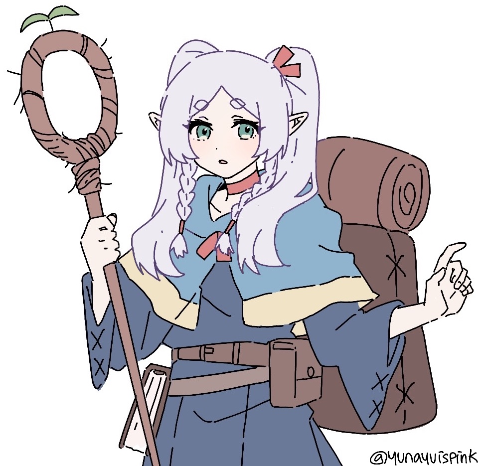1girl alternate_costume artist_name backpack bag belt_pouch blue_capelet blue_robe book braid capelet choker cosplay dungeon_meshi elf frieren green_eyes grey_hair hair_ribbon holding holding_staff marcille_donato marcille_donato_(cosplay) pointy_ears pouch red_choker red_ribbon ribbon robe season_connection simple_background solo sousou_no_frieren staff twin_braids twintails white_background yunayuispink