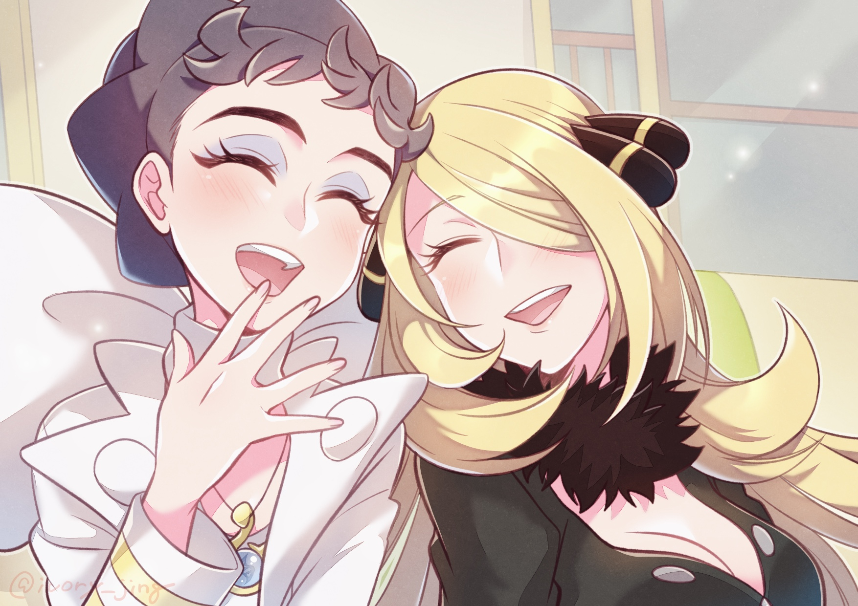 2girls black_coat blonde_hair breasts brown_hair cleavage closed_eyes coat commentary_request cynthia_(pokemon) diantha_(pokemon) eyeliner highres ivory_(25680nico) jewelry laughing long_sleeves makeup medium_breasts multiple_girls necklace nintendo open_mouth pokemon pokemon_dppt pokemon_xy teeth twitter_username upper_body upper_teeth_only white_coat