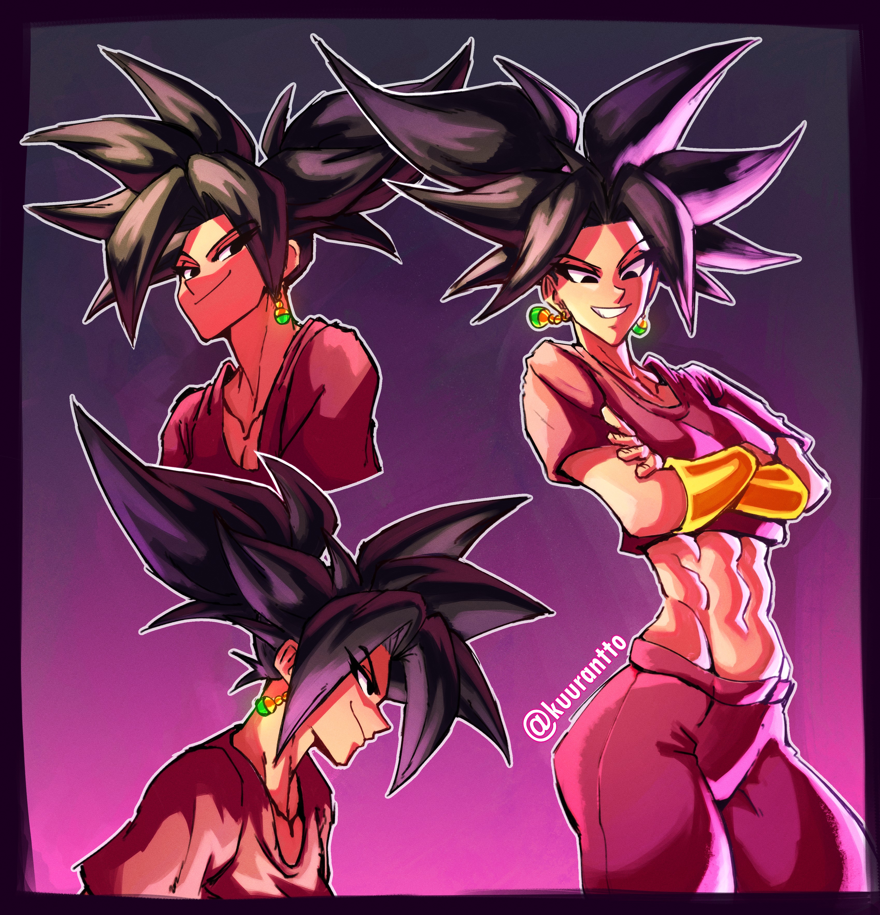 1girl abs black_eyes black_hair bracelet breasts crossed_arms dragon_ball dragon_ball_super earrings gradient_background jewelry kuurantto looking_down looking_to_the_side medium_breasts multiple_expressions muscular muscular_female nails navel pants pink_background potara_earrings purple_background smile spiked_hair
