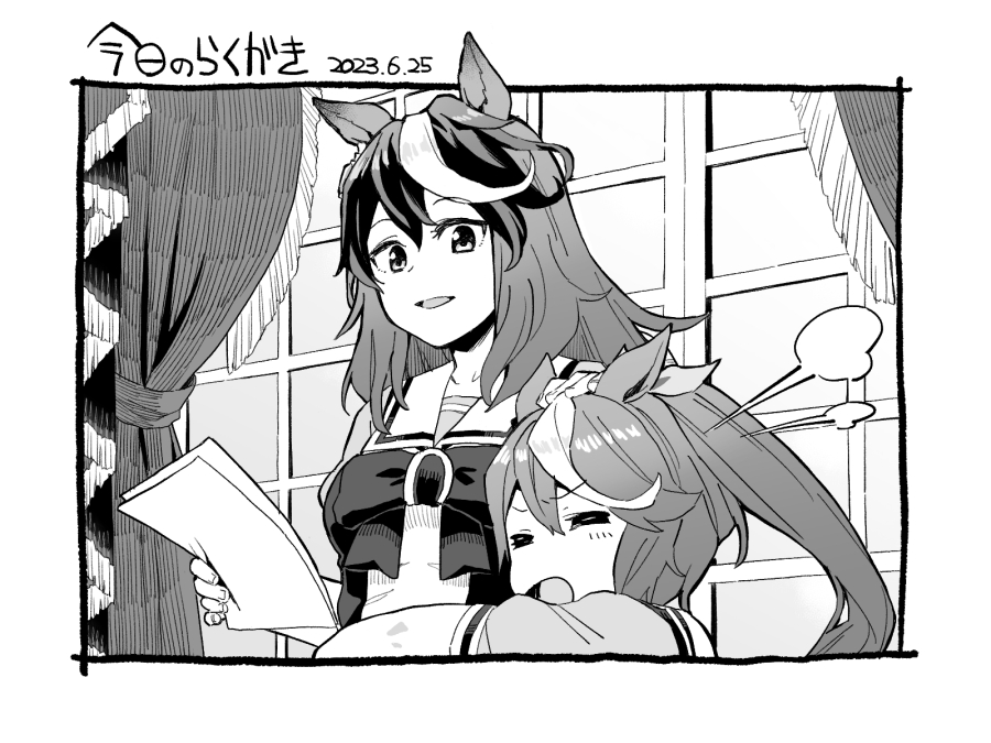 2girls =_= animal_ears border bow bowtie closed_eyes curtains dated greyscale holding holding_paper horse_ears hug long_hair looking_at_another monochrome multiple_girls okachi outside_border paper ponytail school_uniform shirt short_sleeves symboli_rudolf_(umamusume) tokai_teio_(umamusume) tracen_school_uniform umamusume waist_hug window