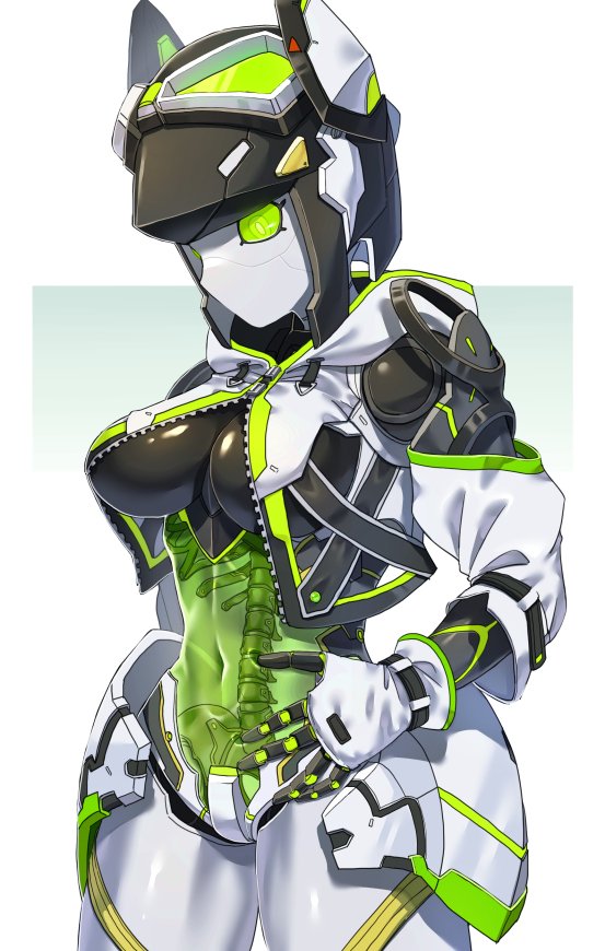 1girl black_hair colored_skin cowboy_shot cropped_jacket green_eyes green_skin grey_skin hakidashi_11 jacket navel phantasy_star phantasy_star_online_2 robot_girl see-through_body short_hair simple_background solo white_background white_jacket