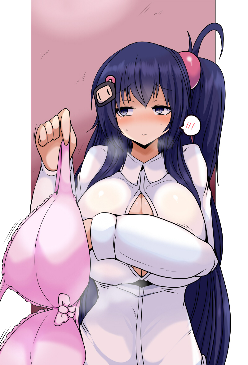 1girl alternate_breast_size black_bomberman black_hair blue_eyes blue_hair bombergirl bomberman bra breasts character_hair_ornament cleavage closed_mouth collared_shirt cowboy_shot grabbing_own_breast gradient_hair grey_tail hair_between_eyes hair_bobbles hair_ornament holding holding_bra holding_unworn_clothes holding_underwear holding_unworn_clothes huge_breasts kuro_(bombergirl) long_hair long_sleeves multicolored_hair one_side_up pink_bra shirt simple_background skirt solo spoken_blush tail taku_(yakumodaisuki) two-tone_hair underwear upper_body white_background white_shirt
