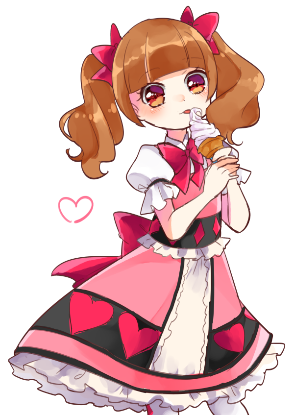 1girl :p aihira_(aihira12) aisaki_emiru back_bow bare_arms blunt_bangs bow bowtie brown_eyes brown_hair closed_mouth collared_shirt cowboy_shot diamond_print dot_nose eating expressionless eyelashes food frilled_shirt frilled_skirt frilled_sleeves frills hair_bow heart heart_print holding holding_food holding_ice_cream holding_ice_cream_cone hugtto!_precure ice_cream ice_cream_cone layered_skirt light_blush light_frown long_hair medium_skirt own_hands_together pantyhose pink_skirt pink_vest precure puffy_short_sleeves puffy_sleeves red_bow red_bowtie shirt short_sleeves simple_background skirt skirt_set solo standing tareme tongue tongue_out twintails vest wavy_hair white_background white_pantyhose white_shirt white_skirt