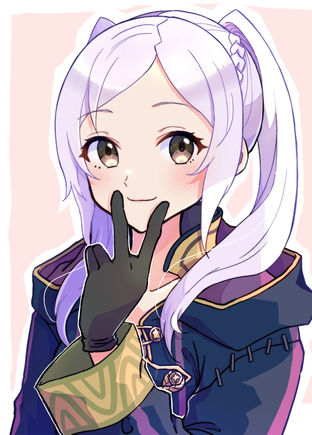 1girl black_gloves black_robe border brown_eyes closed_mouth commentary_request eyelashes female_robin_(fire_emblem) fire_emblem fire_emblem_awakening gloves gogatsu_(yeaholiday) highres hooded_robe long_hair looking_at_viewer nintendo outside_border parted_bangs pink_background robe simple_background smile solo twintails upper_body v white_border white_hair