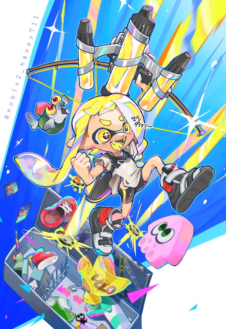 +_+ 1girl :d arm_up artist_name bike_shorts black_shorts blonde_hair boots bow_(weapon) box cardboard_box clenched_hand clothes_hanger colored_tongue eyebrow_cut fangs full_body grey_boots grey_shirt hand_up highres holding holding_bow_(weapon) holding_weapon ink_tank_(splatoon) inkling inkling_girl inkling_player_character killer_wail_5.1_(splatoon) locker long_hair midriff_peek nintendo nobix2_happy711 open_mouth pointy_ears red_boots shirt short_sleeves shorts smallfry_(splatoon) smile solo splatoon_(series) splatoon_3 sticker stuffed_squid tentacle_hair torn_clothes torn_shirt tri-stringer_(splatoon) unworn_boots unworn_shirt v-shaped_eyebrows weapon yellow_eyes yellow_shirt yellow_tongue