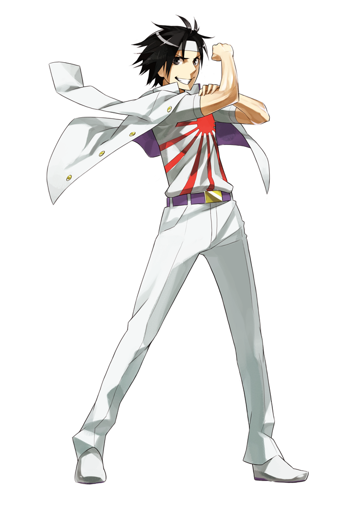 1boy belt black_eyes black_hair flag_print gajuumaru grin headband jacket jacket_on_shoulders male_focus pants print_shirt rising_sun_flag school_uniform shirt smile sogiita_gunha solo sunburst toaru_majutsu_no_index