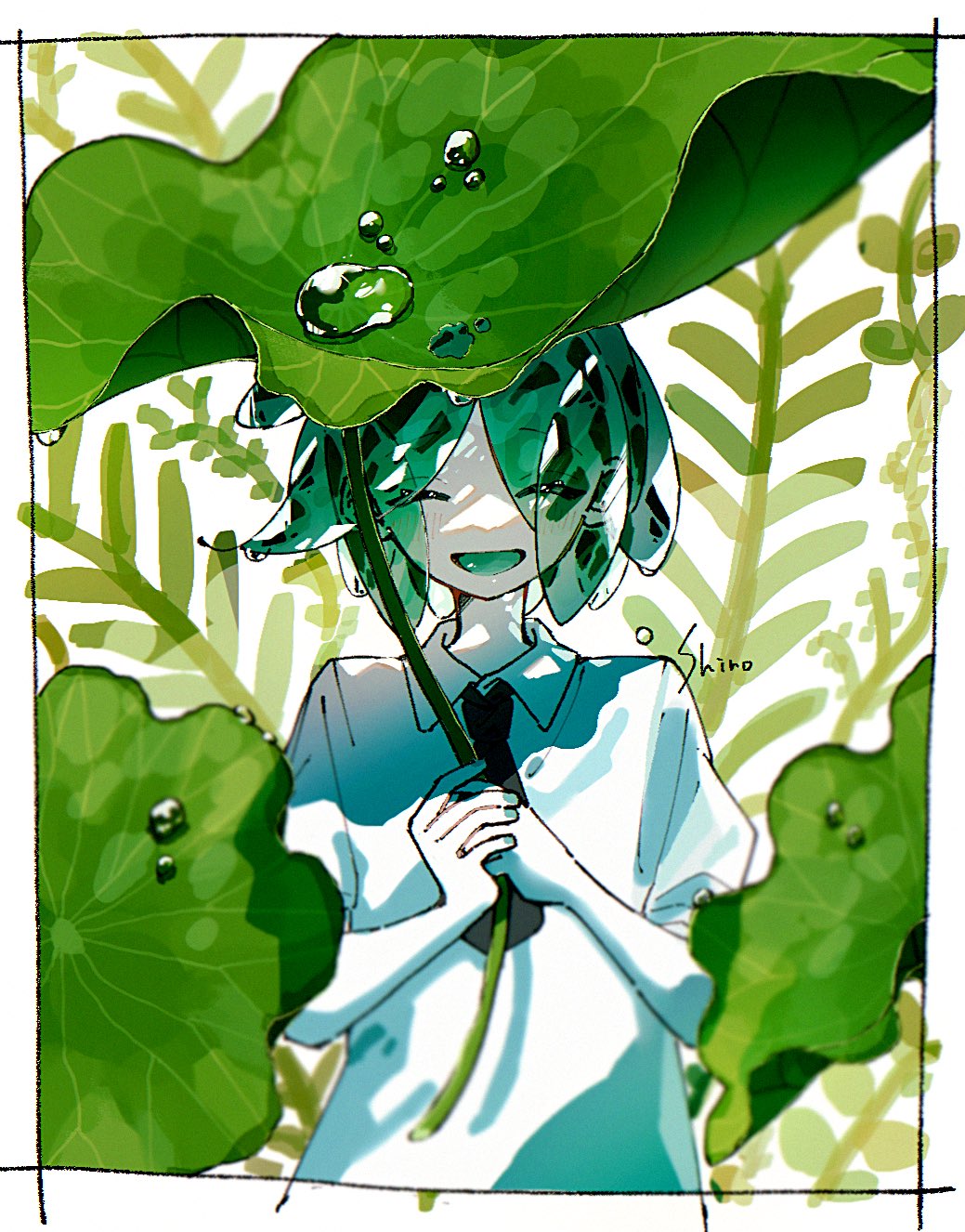 1other :d androgynous closed_eyes crystal_hair facing_viewer highres holding houseki_no_kuni leaf leaf_umbrella necktie open_mouth outside_border phosphophyllite plant puffy_short_sleeves puffy_sleeves shiro_(kuro_guu) shirt short_hair short_sleeves smile solo upper_body water_drop white_shirt