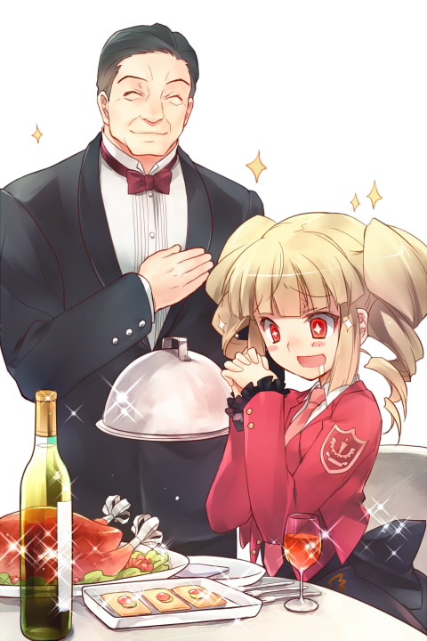 +_+ 07th_expansion 1boy 1girl ^_^ alcohol beelzebub_(umineko) black_hair blonde_hair bow bowtie closed_eyes cup drill_hair drinking_glass drooling food fork formal_clothes gouda_toshirou hand_on_own_chest necktie no_naku_koro_ni_(series) open_mouth own_hands_clasped own_hands_together pink_necktie plate red_eyes smile sparkle stakes_of_purgatory suit traditional_bowtie turkey_(food) twin_drills twintails umineko_no_naku_koro_ni wanko_(pixiv) wine wine_glass