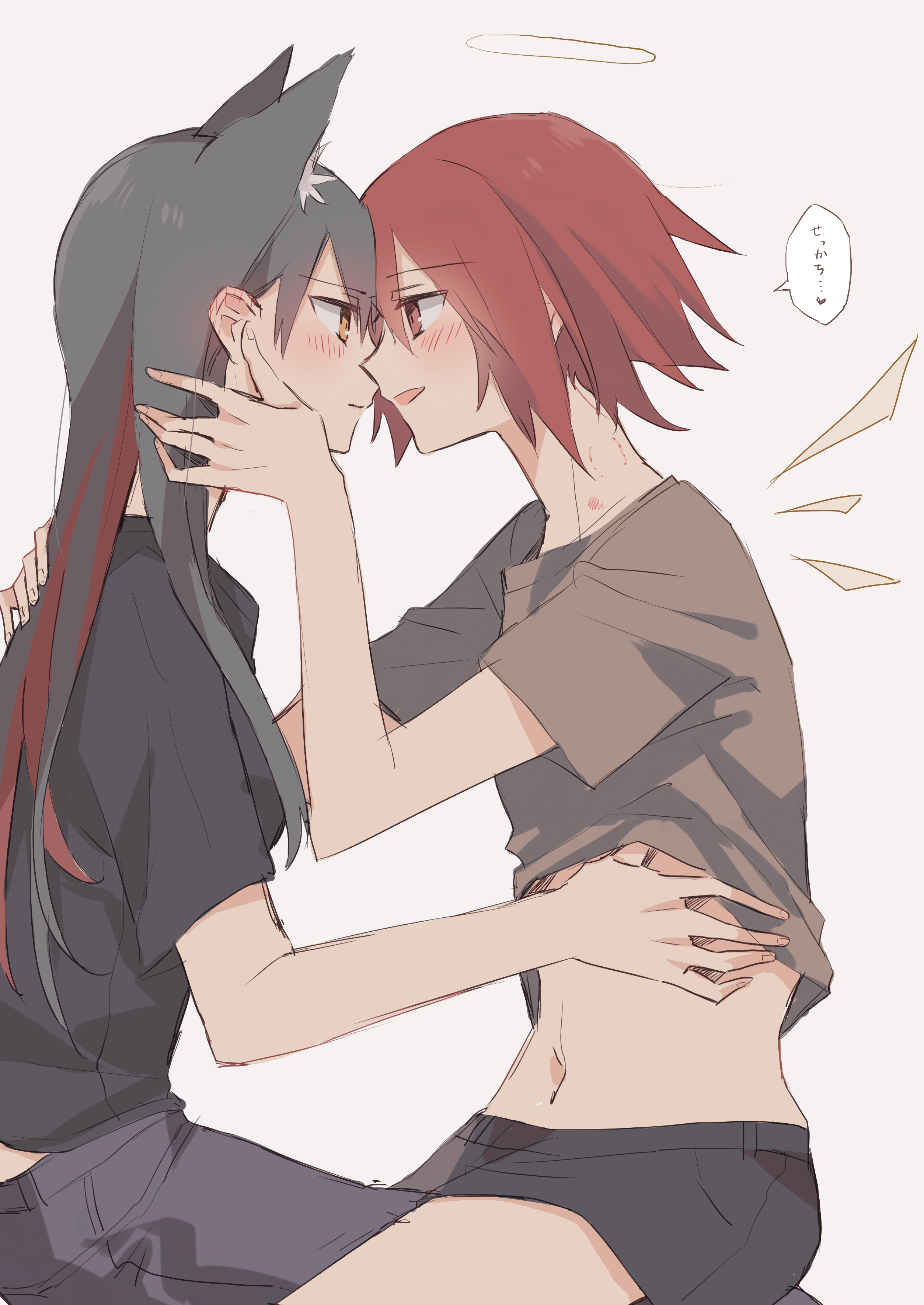 2girls absurdres animal_ears arknights bad_id bad_pixiv_id bite_mark blush closed_mouth commentary_request energy_wings exusiai_(arknights) eye_contact face-to-face halo hickey highres long_hair looking_at_another matsuzaka_(matsuzakagyu_29) multiple_girls navel stomach texas_(arknights) translation_request yuri