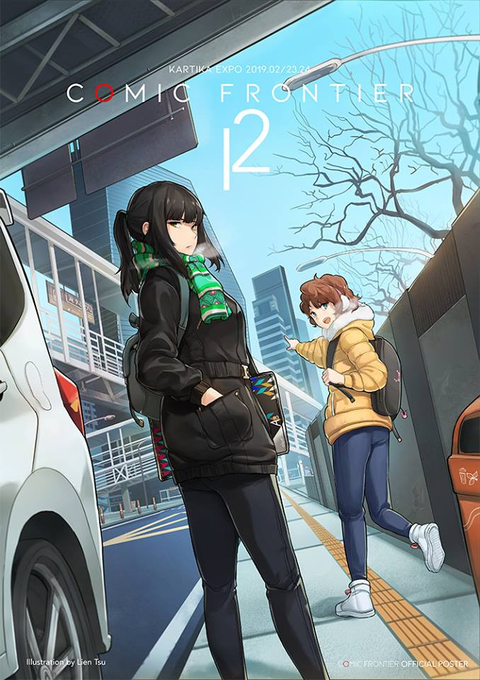2girls backpack bag bag_charm bare_tree black_bag black_hair black_jacket branch brown_hair building car charm_(object) closed_mouth comic_frontier curly_hair day denim down_jacket earmuffs feet_out_of_frame green_scarf hand_in_pocket holding_strap hood hood_down hooded_jacket jacket jeans long_hair long_sleeves looking_back lynus motor_vehicle multiple_girls official_art open_mouth outdoors pants pointing ponytail puffy_long_sleeves puffy_sleeves road scarf school_bag shoes shoulder_bag sidelocks smile standing steam tree white_footwear yellow_jacket