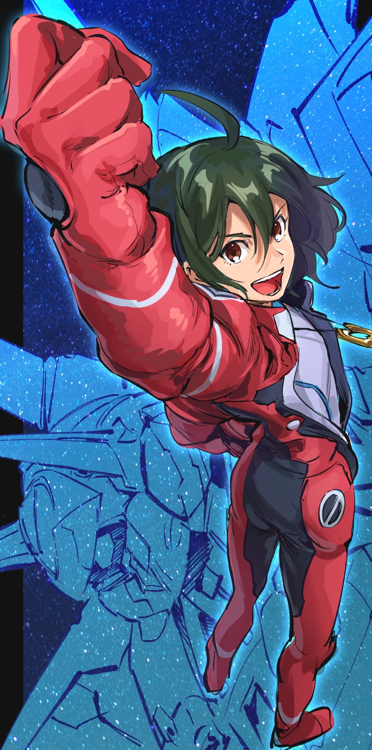 1boy bellri_zenam black_hair brown_eyes chanmura clenched_hand clip_studio_paint_(medium) from_above from_behind g-self gloves gundam gundam_g_no_reconguista hair_behind_ear hair_between_eyes highres jewelry looking_at_viewer looking_back looking_up male_focus mecha mecha_pilot_suit mobile_suit necklace normal_suit_(gundam) perspective pilot_suit red_gloves robot shirt smile solo_focus white_shirt