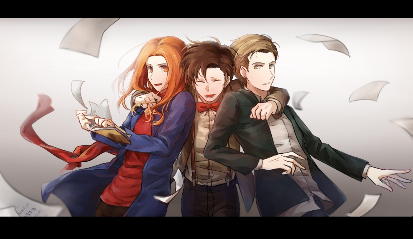 1girl 2boys amy_pond blonde_hair bow bowtie brown_eyes brown_hair closed_eyes doctor_who eleventh_doctor eleventh_doctor_(doctor_who) hug letterboxed multiple_boys orange_eyes orange_hair rory_williams smile the_doctor the_doctor_(doctor_who)