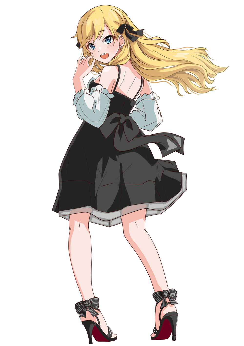 1girl :d bare_shoulders black_dress black_ribbon blonde_hair blush detached_sleeves dress frilled_sleeves frills from_behind full_body hair_ribbon hand_up high_heels highres idolmaster idolmaster_cinderella_girls illustscody long_hair looking_back ohtsuki_yui open_mouth ribbon shoes simple_background smile solo