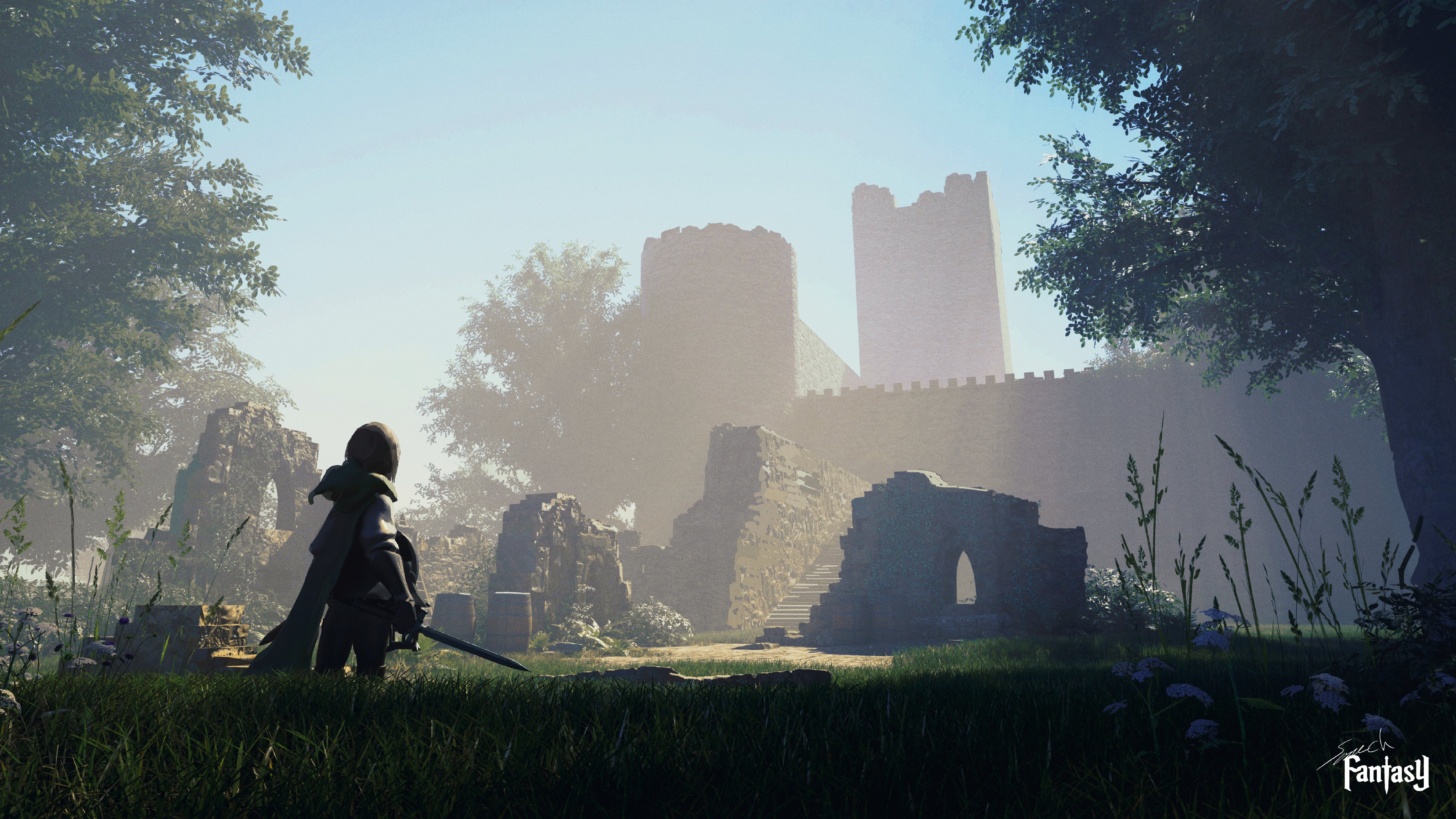 1girl 3d absurdres backlighting barrel battlement bloom cape castle day defensive_wall fantasy flower from_behind gloves grass highres holding holding_shield holding_sword holding_weapon hood hood_down hooded_cape medium_hair original outdoors ruins scenery shield solo sonech standing sword tree weapon wide_shot