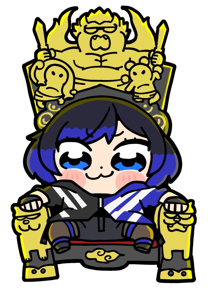1girl :3 bkub black_gloves black_hair black_jacket black_shorts blue_eyes blue_hair blue_jacket blush brown_pantyhose chibi chibi_only closed_mouth colored_tips dot_nose fingerless_gloves full_body gloves hood hood_down hooded_jacket jacket looking_at_viewer multicolored_hair multicolored_jacket pantyhose pantyhose_under_shorts reina_(tekken) short_hair shorts simple_background sitting sitting_on_throne solo split-color_clothes straight-on tekken tekken_8 thigh_strap three-quarter_sleeves throne two-tone_hair two-tone_jacket v-shaped_eyebrows white_background