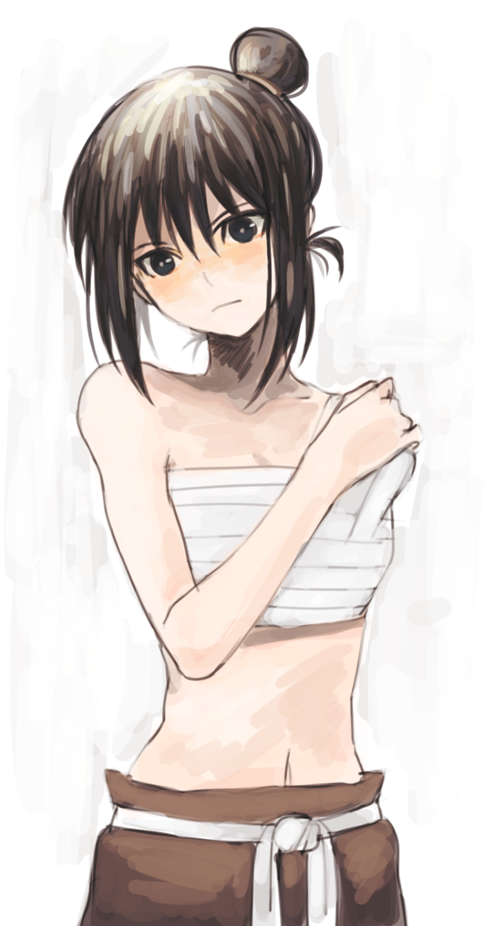 1girl amputee bandages bandages_around_chest bare_shoulders black_eyes black_hair closed_mouth commentary_request female_focus fullmetal_alchemist hair_between_eyes hair_bun highres kao_(kaoree) lan_fan light_frown looking_at_viewer midriff navel sarashi short_hair simple_background single_hair_bun solo standing stomach white_background