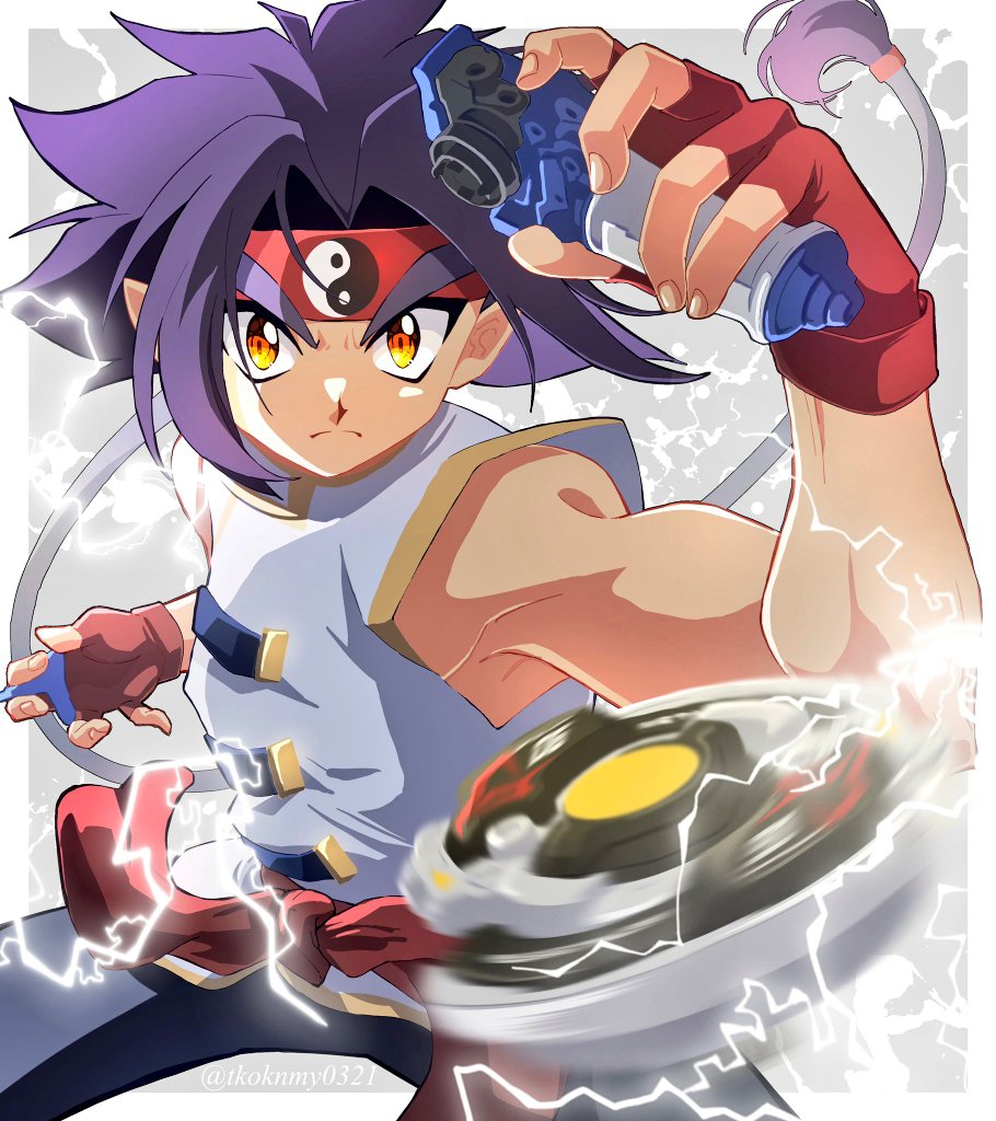 1boy armpits bakuten_shoot_beyblade bare_shoulders beyblade beyblade_(object) brown_eyes chinese_clothes cowboy_shot electricity fang fingerless_gloves gloves headband kon_rei long_hair looking_at_viewer male_focus motion_blur muscular muscular_male purple_hair red_gloves red_headband shirt sleeveless solo tkoknmy0321 white_shirt yin_yang