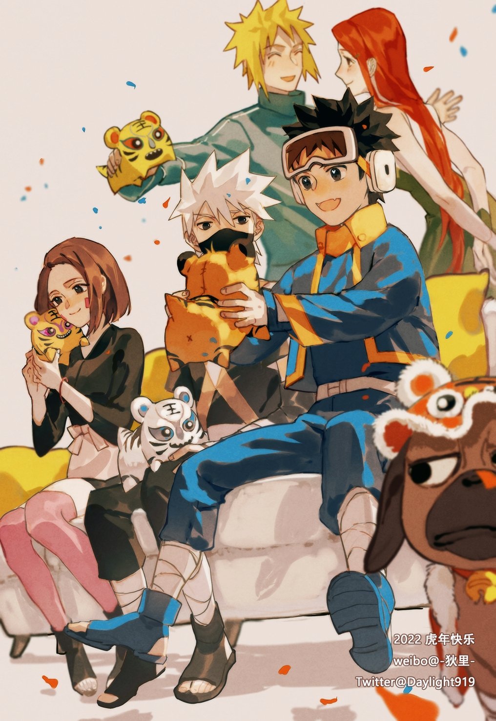 2girls 3boys apron black_hair blonde_hair brown_hair couch daylight919 dog closed_eyes facial_mark forehead_protector full_body goggles goggles_on_head green_apron happy hatake_kakashi highres husband_and_wife jacket long_hair looking_at_another mask mouth_mask multiple_boys multiple_girls namikaze_minato naruto_(series) nohara_rin pakkun_(naruto) pink_legwear red_hair sandals short_hair sitting smile stuffed_animal stuffed_tiger stuffed_toy thighhighs uchiha_obito uzumaki_kushina very_long_hair watermark web_address aged_down
