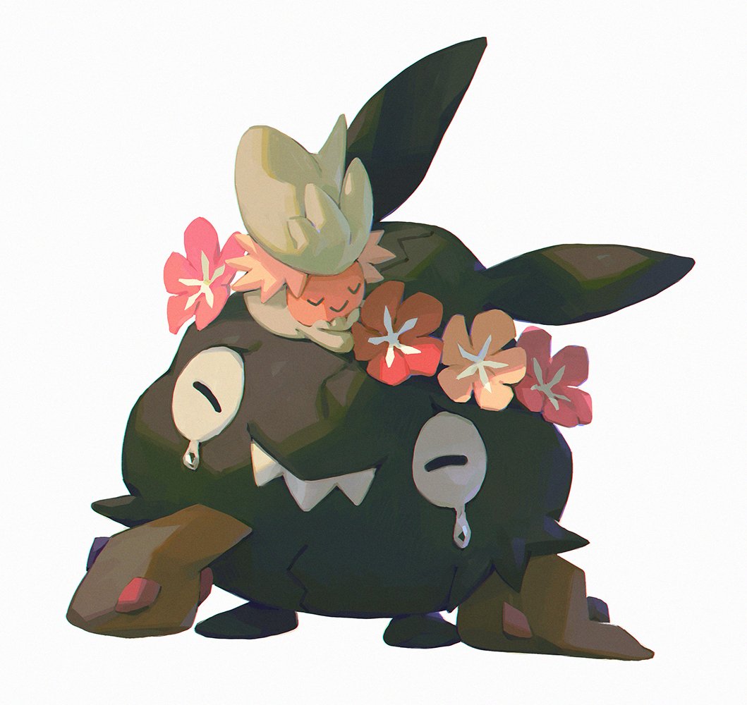 :&gt; bluekomadori closed_eyes closed_mouth comfey commentary english_commentary gen_5_pokemon gen_7_pokemon nintendo no_humans pokemon pokemon_(creature) smile standing tearing_up tears trubbish white_background