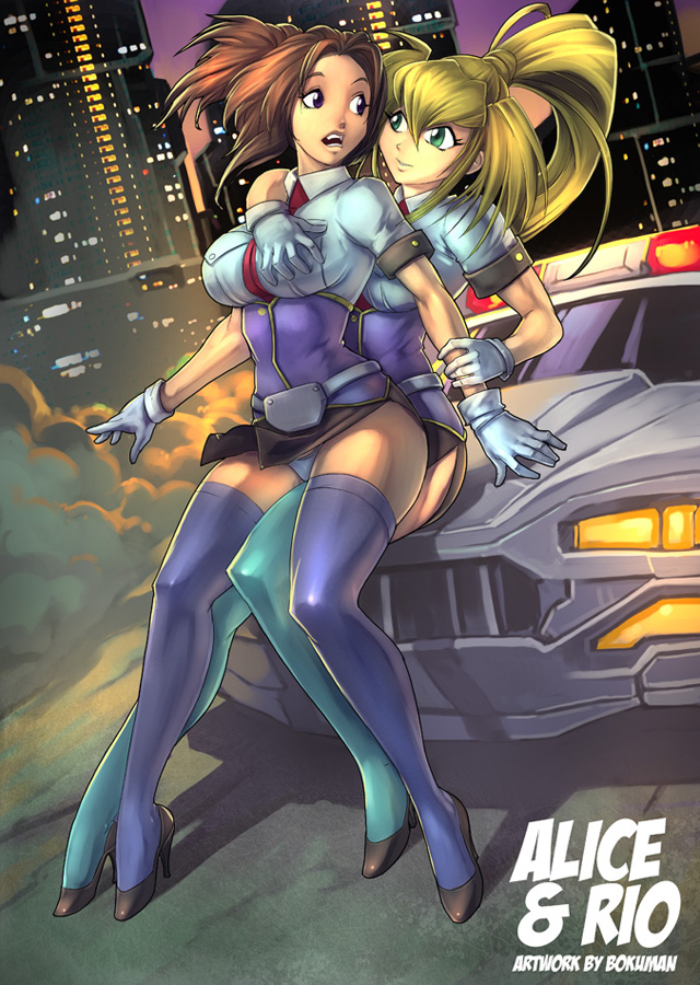2girls aqua_legwear arm_grab belt black_footwear black_skirt blonde_hair blue_legwear bokuman breasts brown_hair building burn-up burn-up_excess car character_request collared_shirt dutch_angle female_focus full_body gloves grabbing_another&#039;s_breast grabbing_from_behind green_eyes groping high_heels kinezono_rio large_breasts legs long_hair looking_at_another looking_back miniskirt motor_vehicle multiple_girls necktie night night_sky on_car open_mouth panties pantyshot parted_lips pencil_skirt police police_car police_uniform policewoman ponytail purple_eyes red_neckwear round_teeth shirt shoes short_hair short_sleeves side_slit sitting sitting_on_person skin_tight skirt sky smile surprised teeth thighhighs underwear white_gloves white_panties yuri