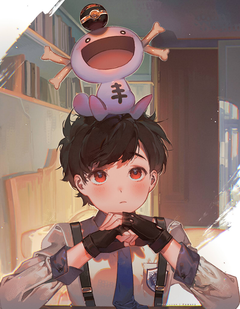 1boy :d alternate_color balancing black_gloves black_hair blue_necktie blush book collared_shirt commentary_request door fingerless_gloves florian_(pokemon) game_freak gloves indoors kawacy long_sleeves necktie nintendo o_o on_head open_mouth own_hands_together paldean_wooper poke_ball pokemon pokemon_sv red_eyes school_uniform shelf shiny_pokemon shirt smile suspenders upper_body uva_academy_school_uniform white_shirt