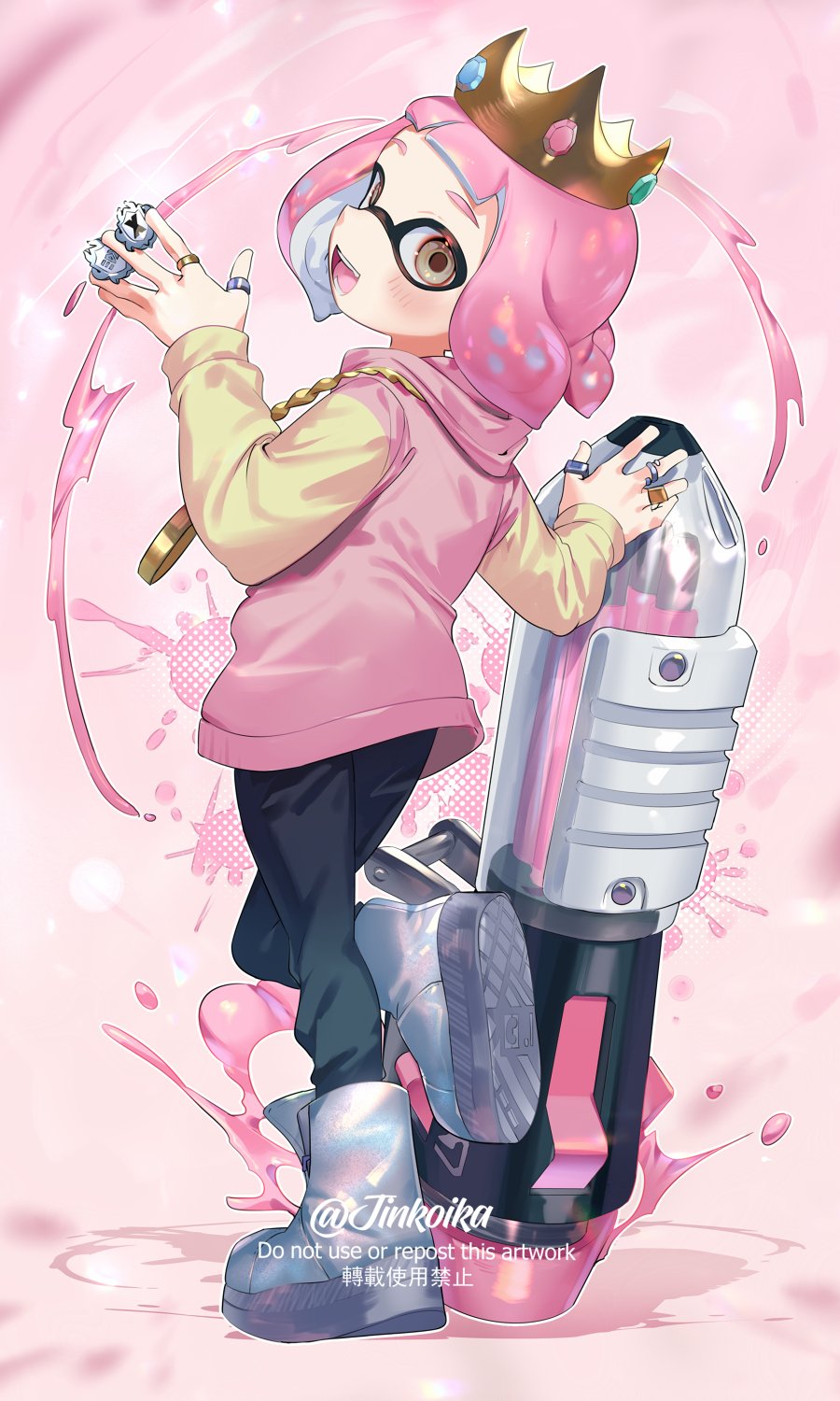 1girl :d artist_name ballpoint_splatling_(splatoon) between_fingers black_pants blush commentary cosplay crown fangs from_behind full_body grey_footwear hand_up highres holding holding_weapon hood hood_down hoodie inkling inkling_girl inkling_player_character jewelry jinkoika long_sleeves looking_at_viewer looking_back multiple_rings necklace nintendo open_mouth pants pearl_(splatoon) pearl_(splatoon)_(cosplay) pink_background pink_hair pink_hoodie ring short_hair smile solo splatoon_(series) standing standing_on_one_leg symbol-only_commentary tentacle_hair watermark weapon yellow_eyes yellow_sleeves